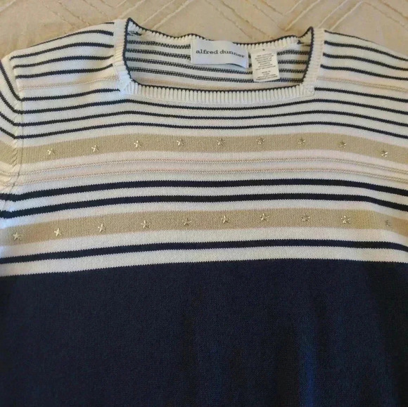 alfred dunner Sweater, Navy, Ivory, & Tan w/Silver Stars, Small - Picture 7 of 11